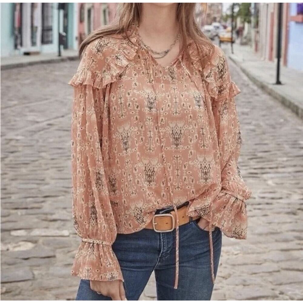 SUNDANCE Madeline Sweet Peasant Ruffled Blouse M Peach Ikat Flowy Boho Artsy